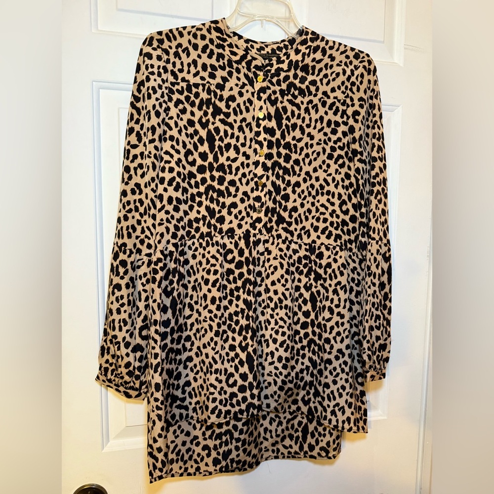 Juicy Couture 100% Silk Brown Leopard Print Drop Waist Tunic Blouse Small V Neck